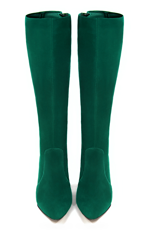 Emerald green women's feminine knee-high boots. Tapered toe. High slim heel. Made to measure. Top view - Florence KOOIJMAN